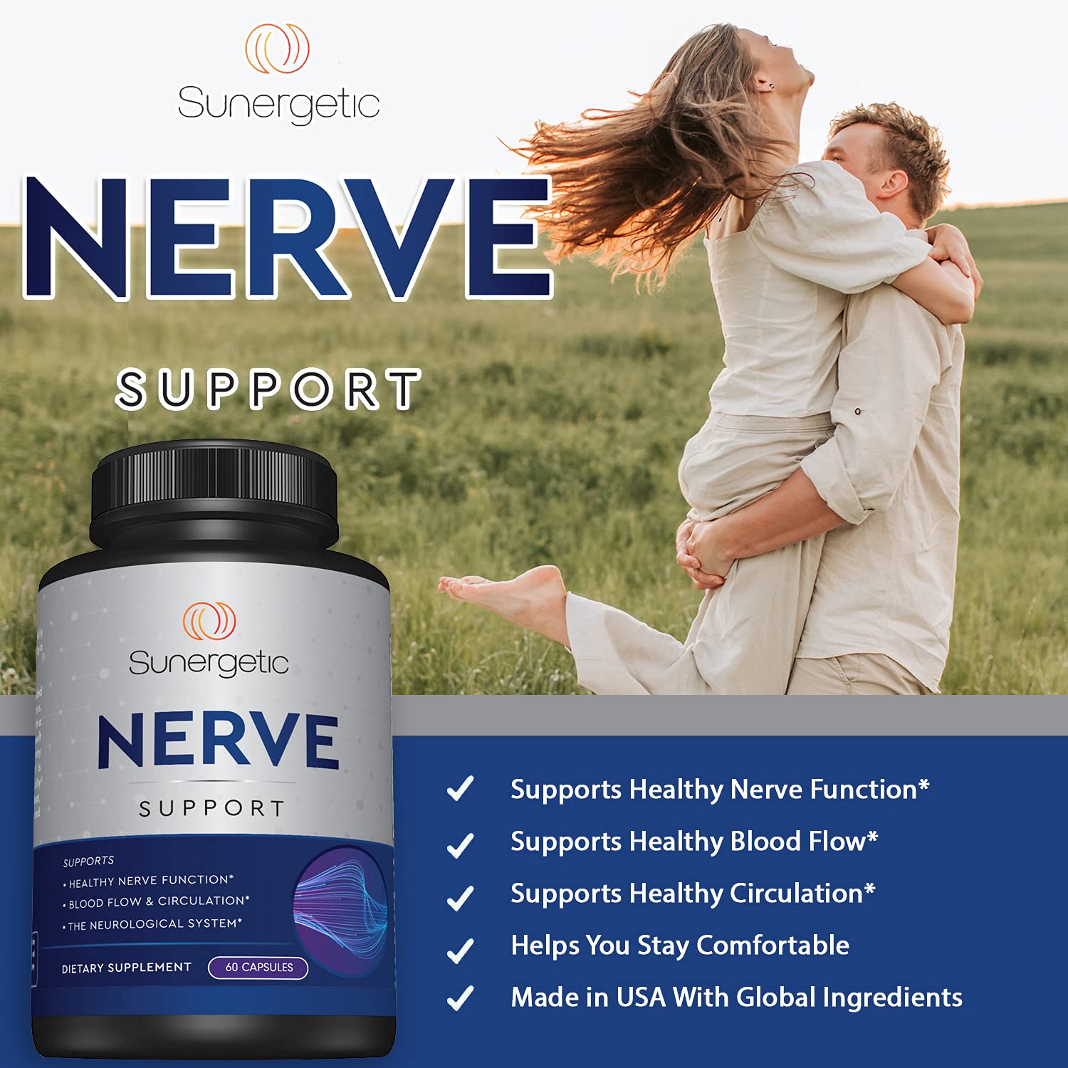 Sunergetic Premium Nerve Support dosage panel with serving details