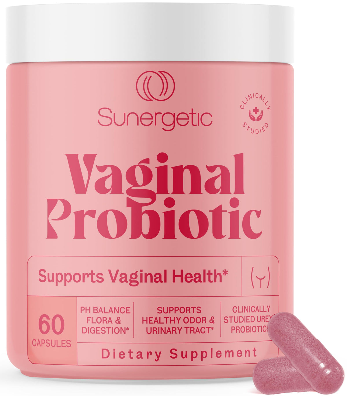 Sunergetic premium vaginal probiotics bottle showing UREX blend for balanced vaginal health.