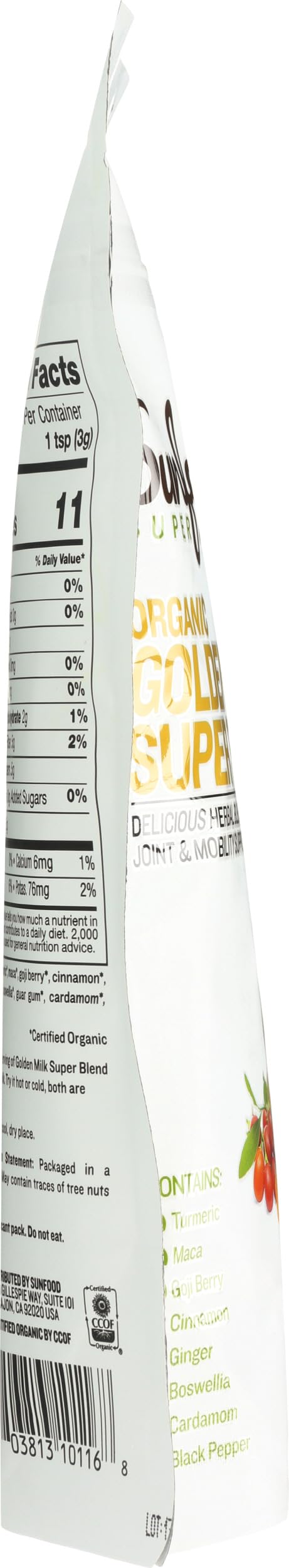 Sunfood Superfoods cinnamon-cardamom-maca-boswellia close-up, highlighting flavorful spice blend.