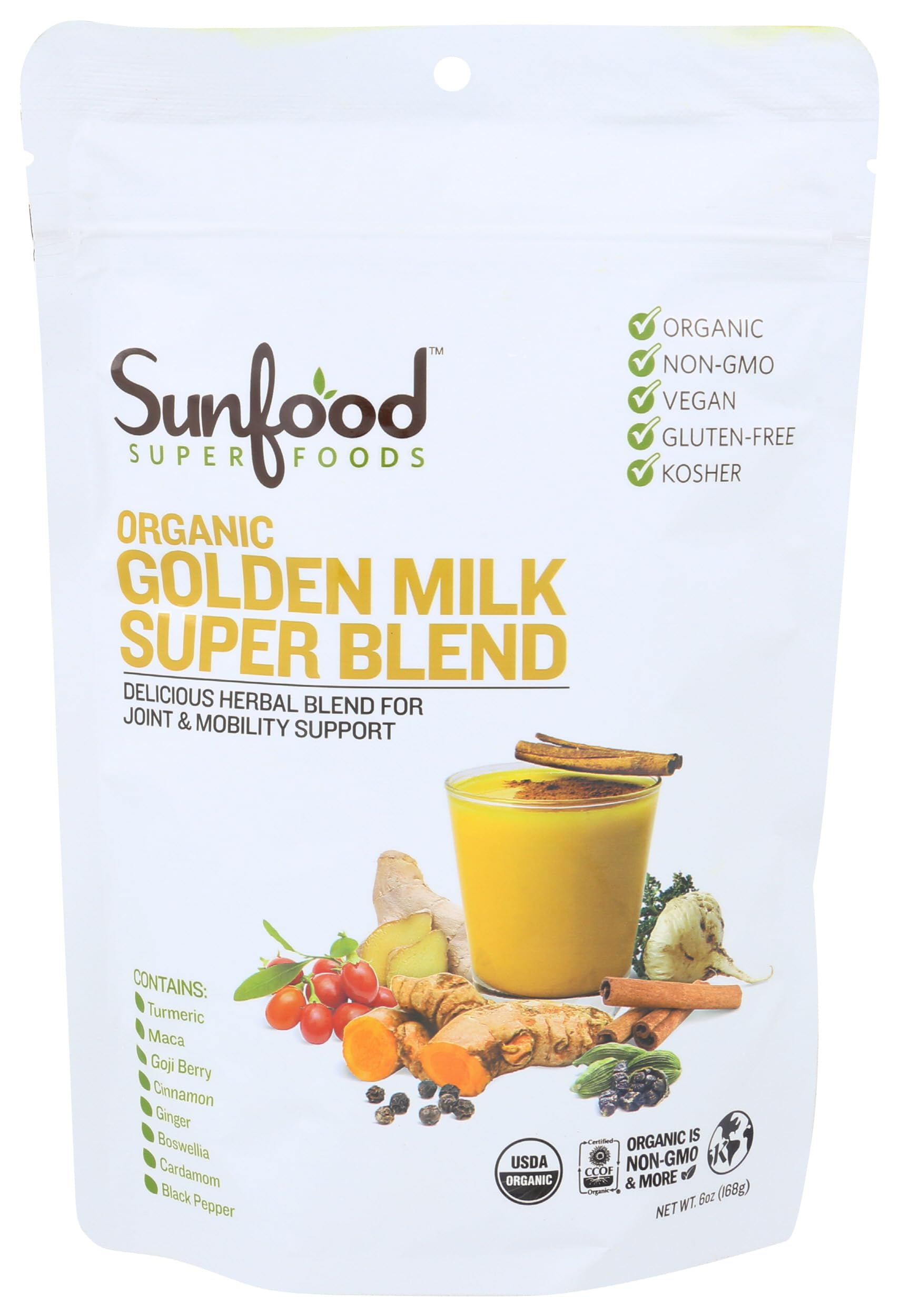 Sunfood Superfoods Golden Milk Super Blend canister on counter, ready for a comforting latte.