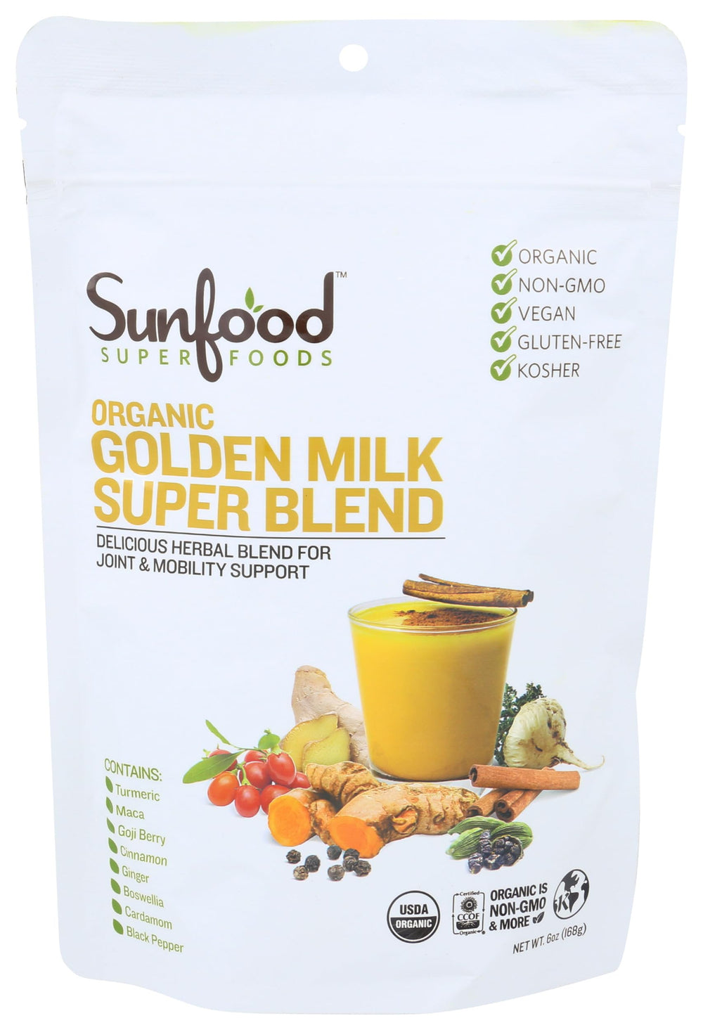 Sunfood Superfoods Golden Milk Super Blend canister on counter, ready for a comforting latte.