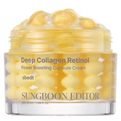 Sungboon Editor Deep Collagen Retinol Cream jar close-up highlighting smoothing action for fine lines