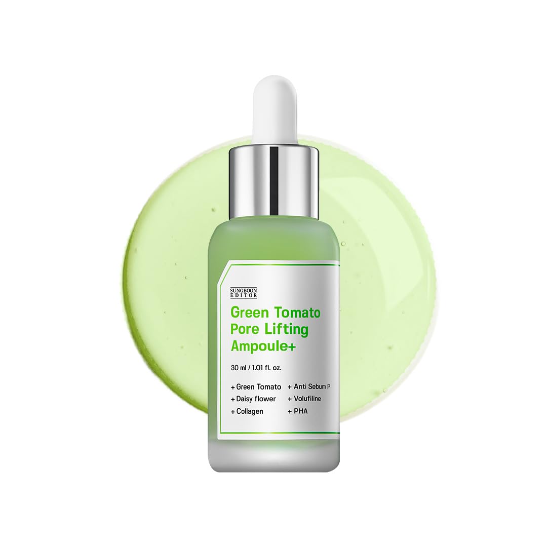 Sungboon Editor Green Tomato Pore Lifting Ampoule bottle viewed from the top for hydration.