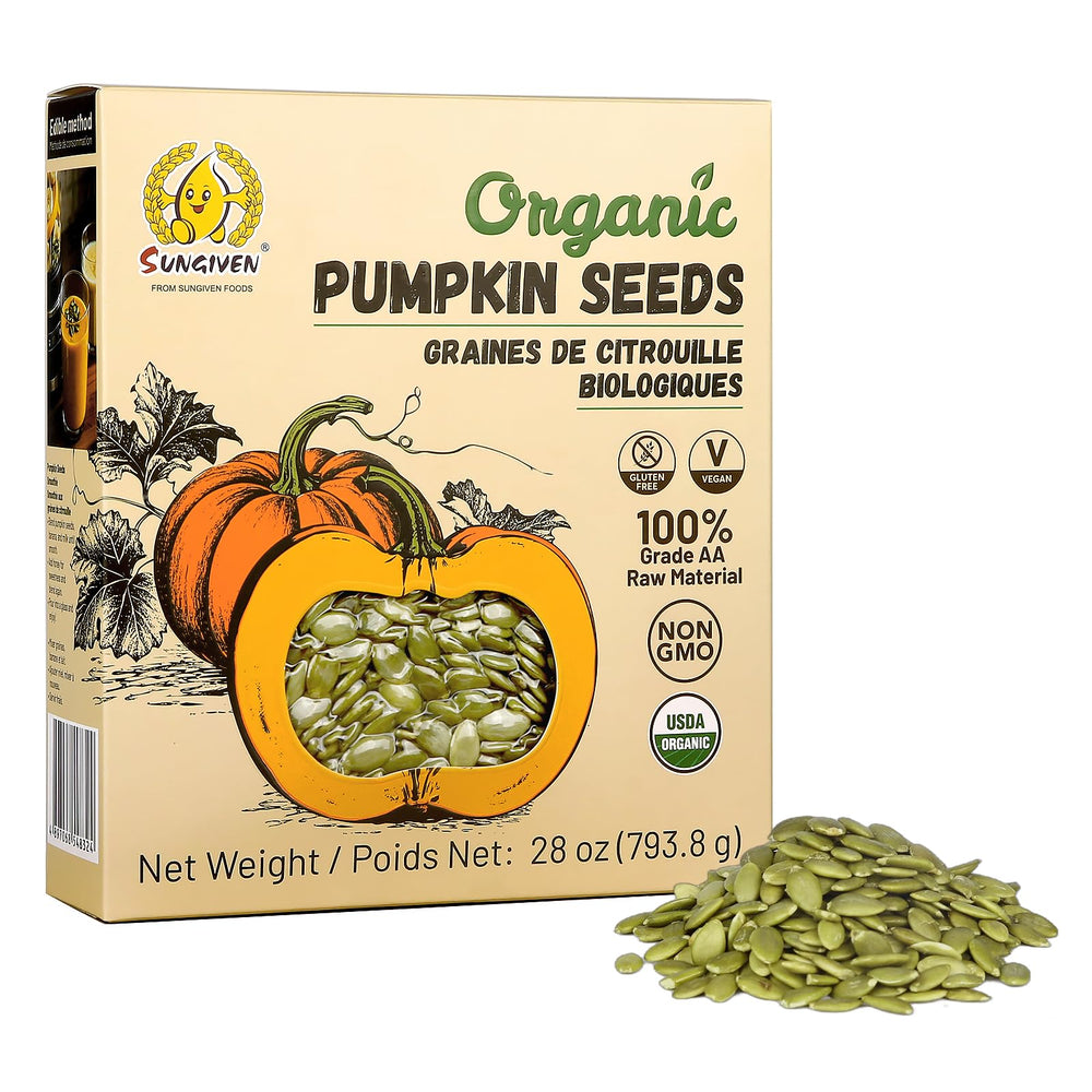 SUNGIVEN Organic pumpkin seeds 28oz bag front view, ideal for baking and snacking