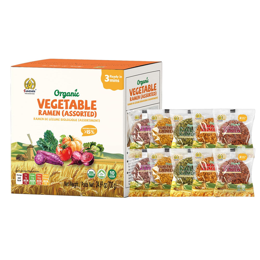 SUNGIVEN Organic Ramen Noodles packaging highlights premium organic ingredients for a quick meal.