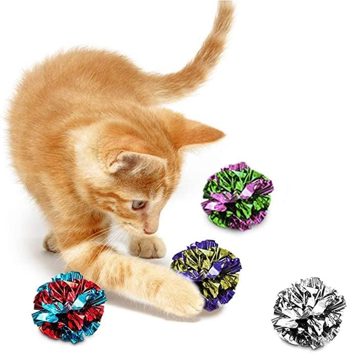 SunGrow glossy Mylar surface balls attract cats during playtime.