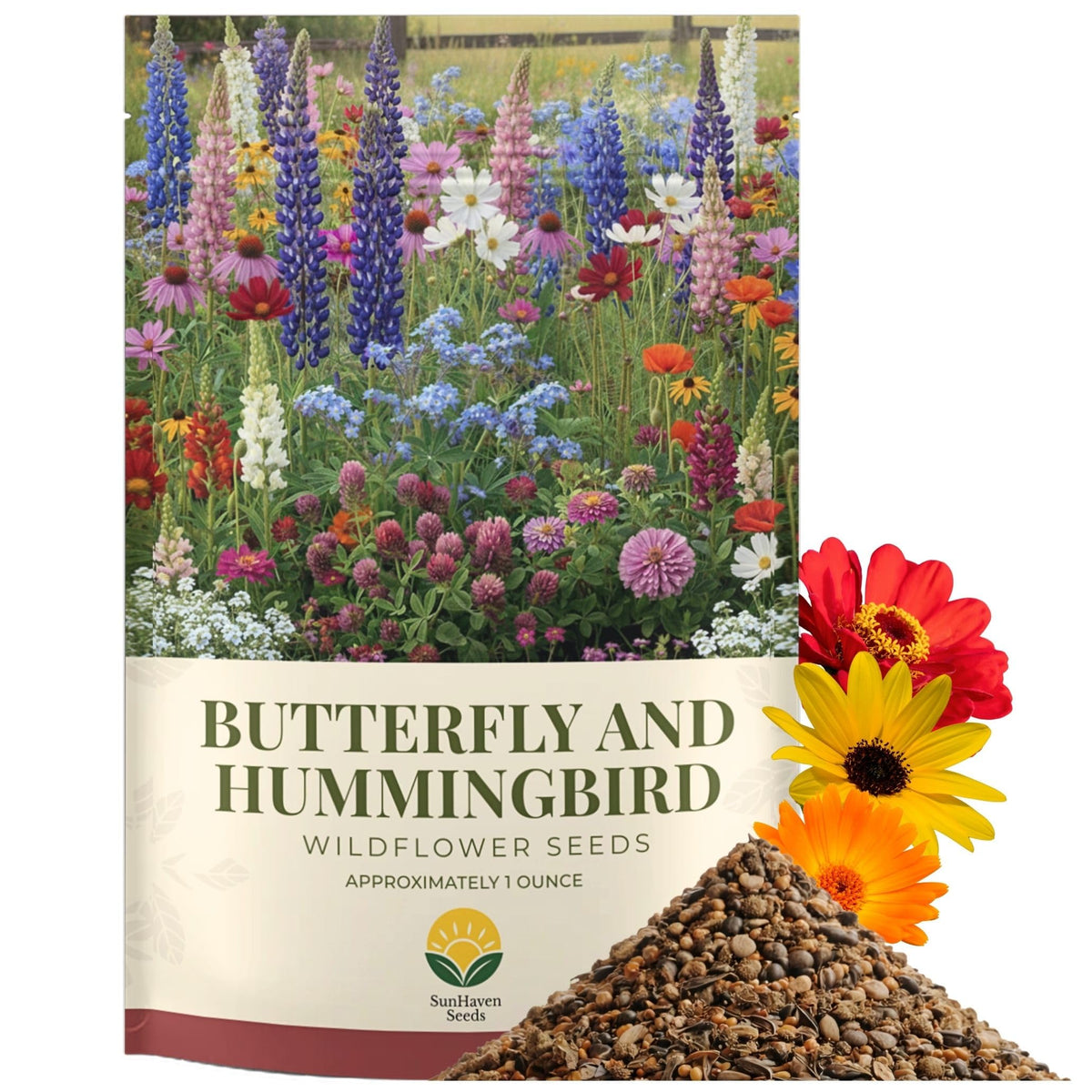 SunHaven Seeds butterfly and hummingbird wildflower mix packet attracting butterflies to your garden.