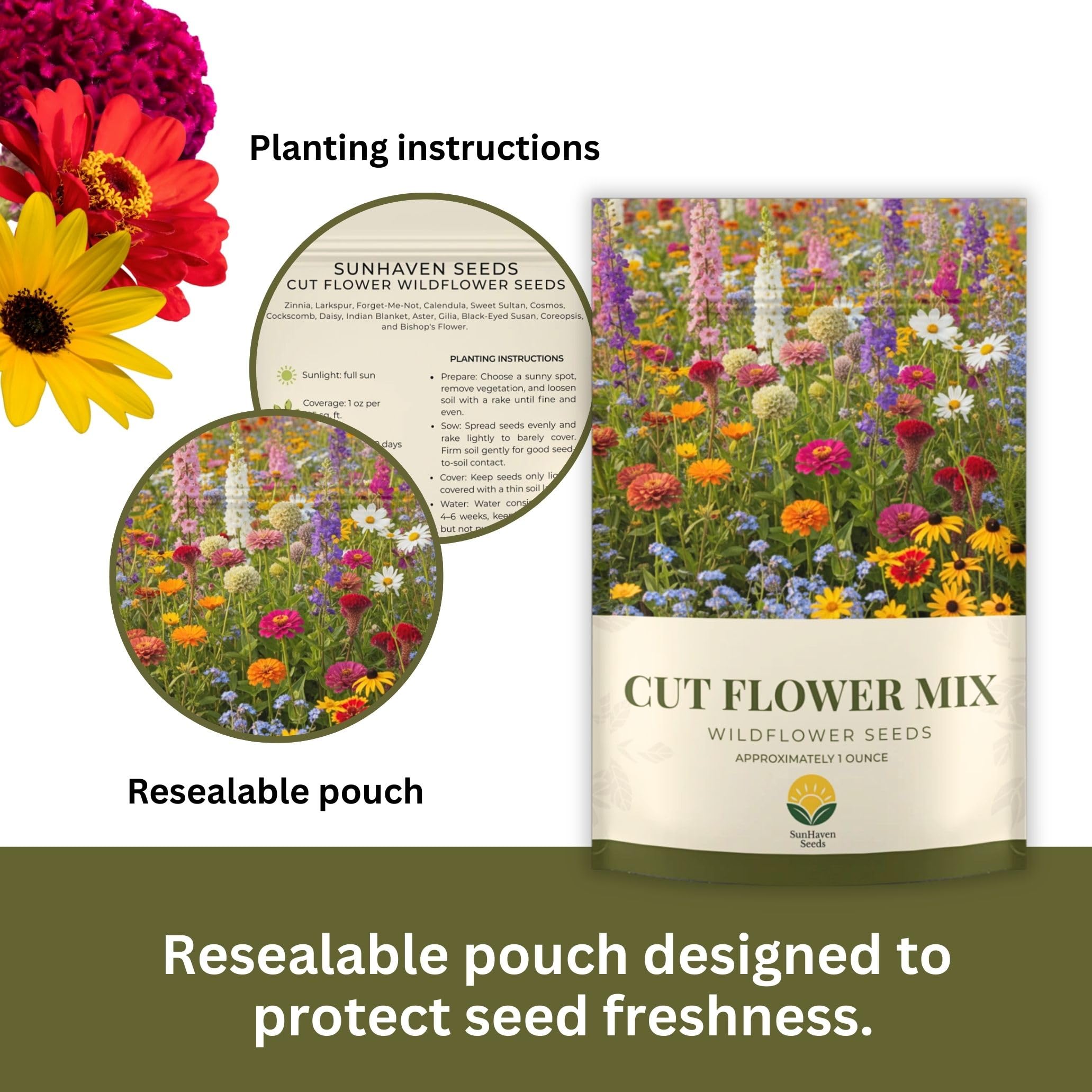SunHaven Seeds cut flower mix features 14 varieties; vibrant blooms for bouquets