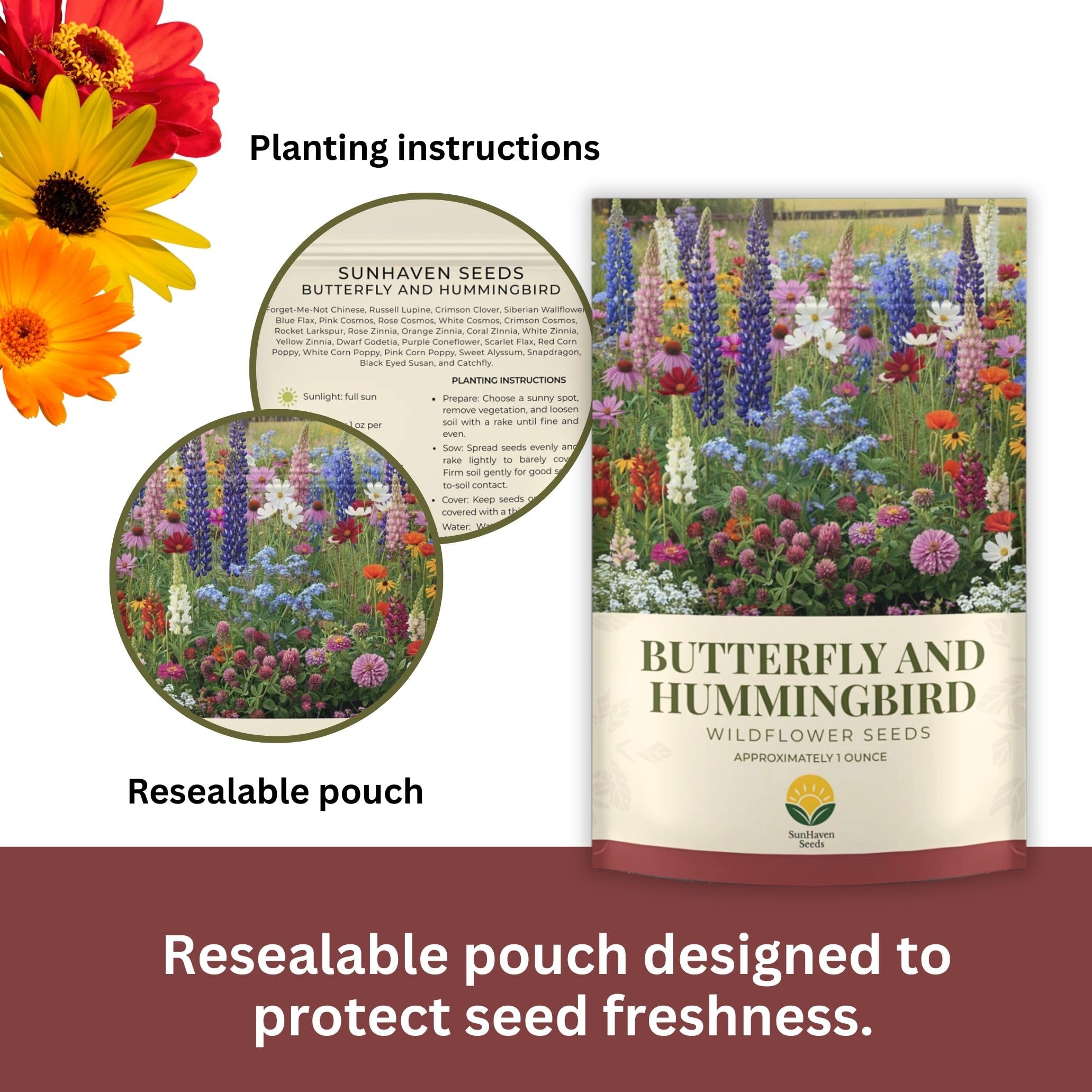 Close-up of vibrant nectar-rich blooms from SunHaven Seeds wildflower mix.