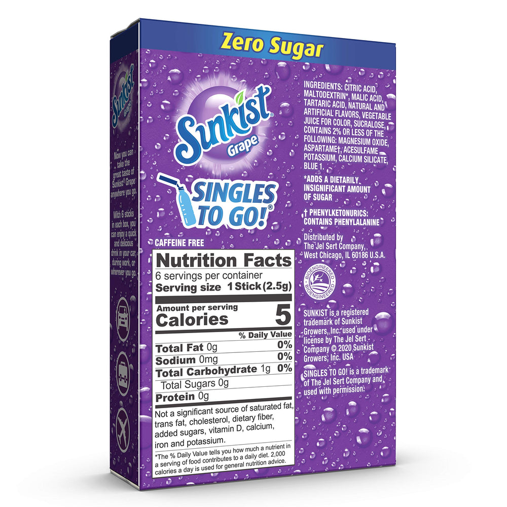 SINGLES TO GO Sunkist Grape packet in a water bottle offering convenient sugar-free refreshment