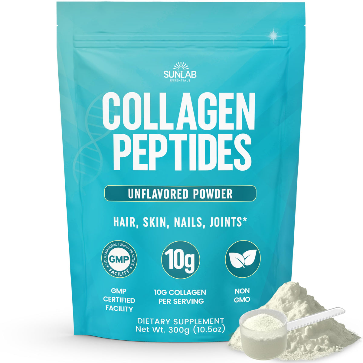 SunLab Essentials collagen powder bottle highlights hydrolyzed Type I and III peptides for skin, hair, and nails.