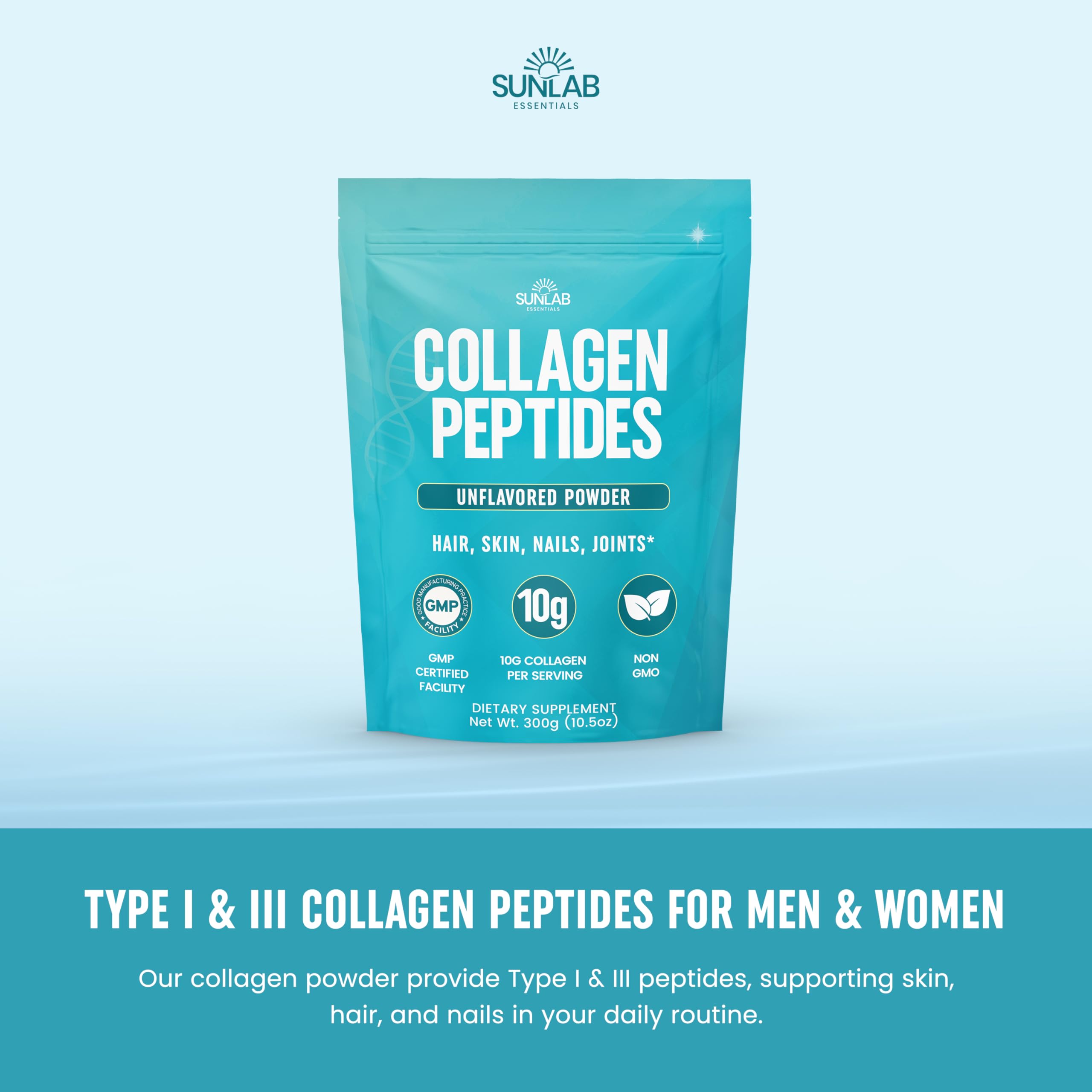 SunLab Essentials collagen powder dissolving in water demonstrates quick mixing and neutral flavor.