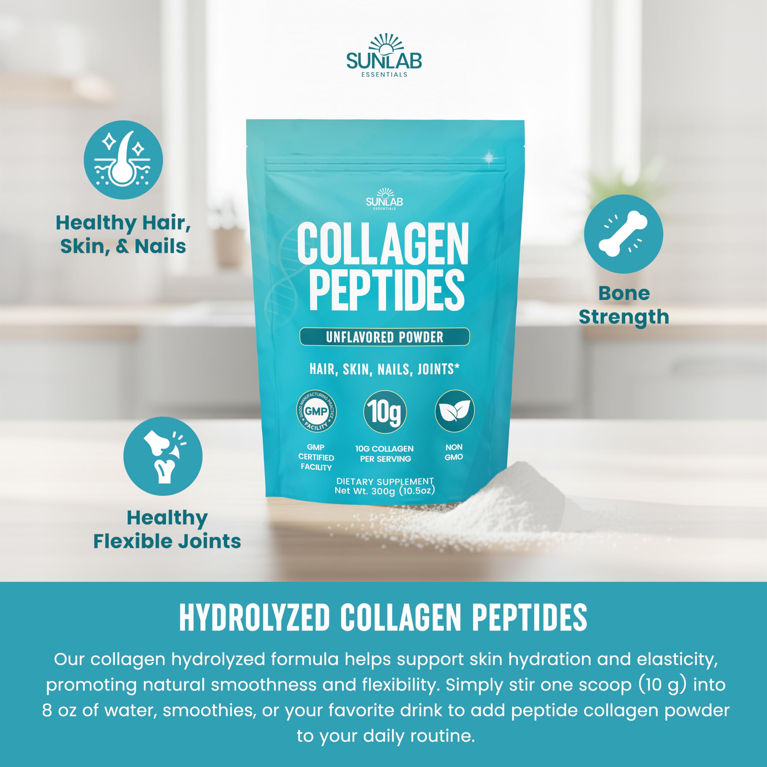 SunLab Essentials collagen powder USA-made badge on packaging.