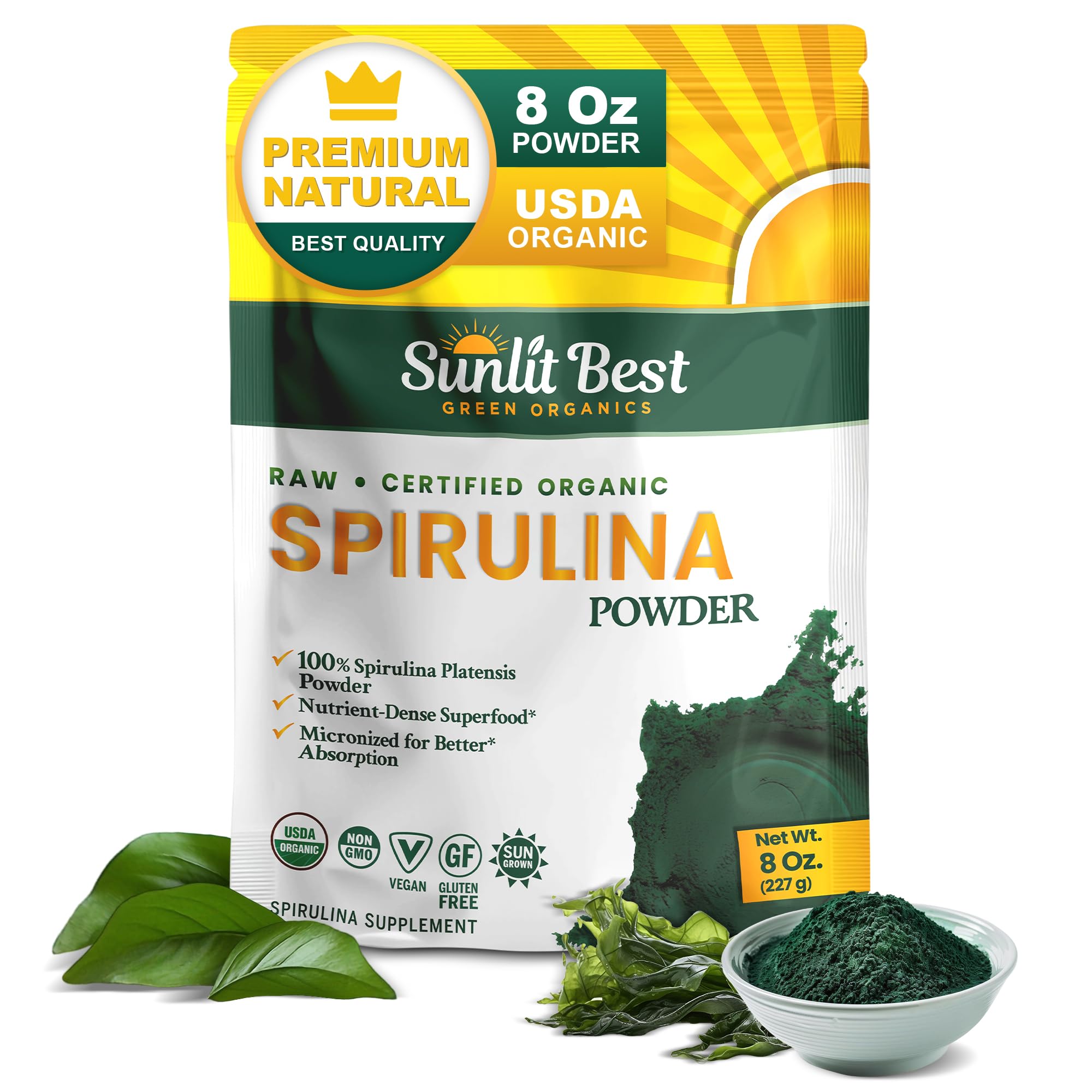 Sunlit Best Green Organics Spirulina Powder bottle with USDA Organic label, ideal for daily use