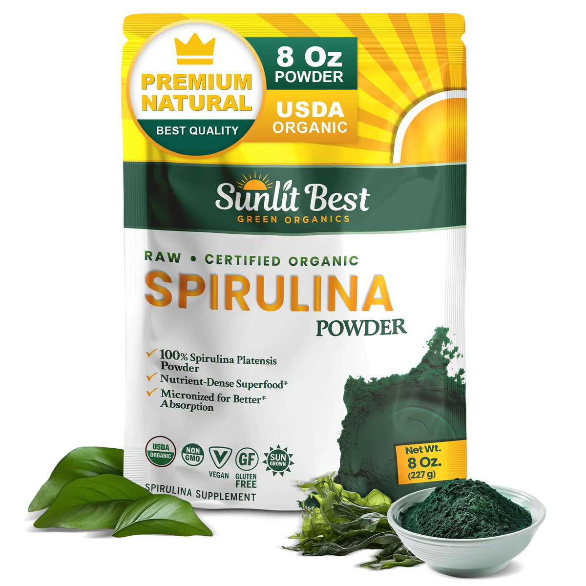 Sunlit Best Green Organics Spirulina Powder bottle with USDA Organic label, ideal for daily use