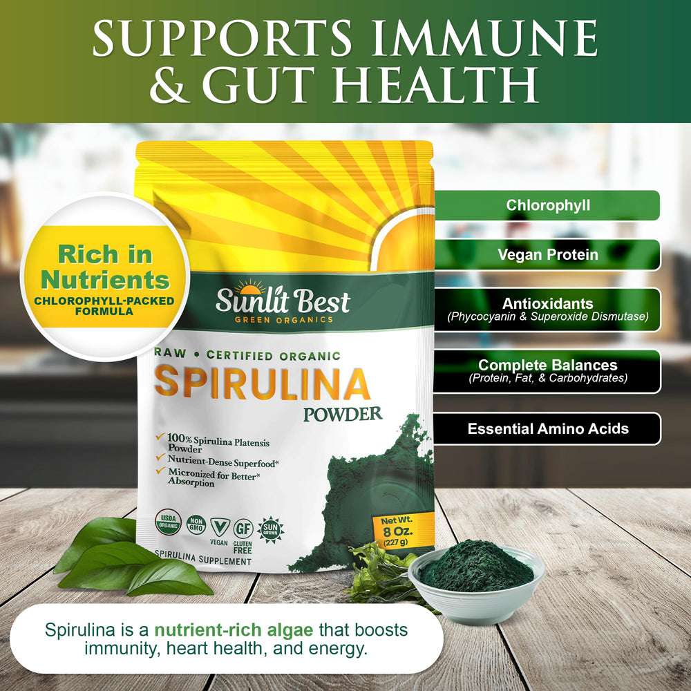 Sunlit Best Spirulina Powder jar with scoop shows clean, pure organic ingredients for shakes