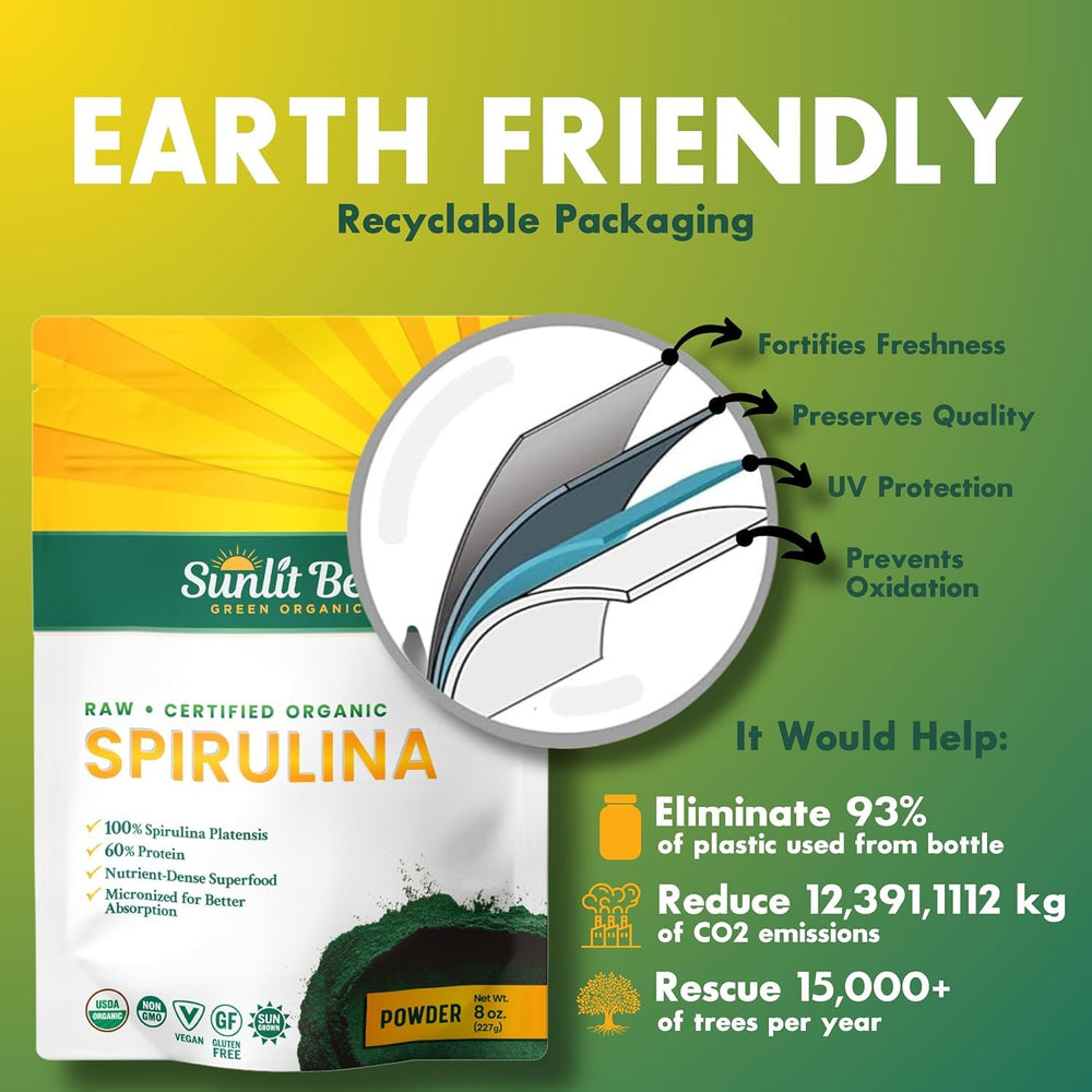 Nutrition panel glimpse shows essential minerals and chlorophyll in Sunlit Best Spirulina
