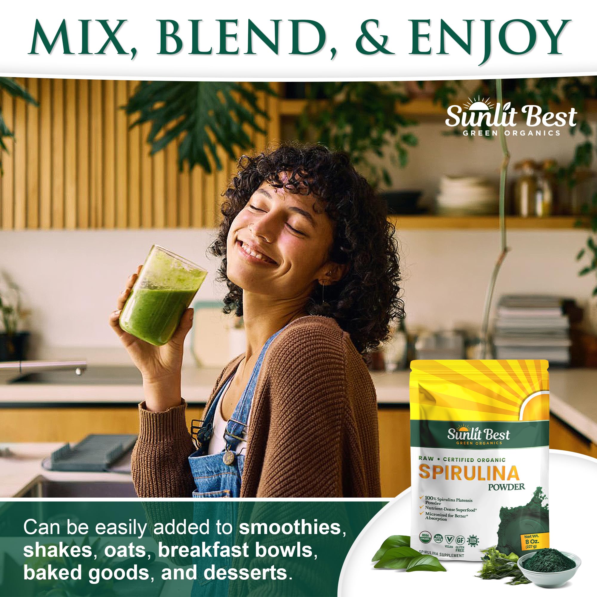 Sunlit Best Spirulina Powder packaging on a store shelf, premium quality