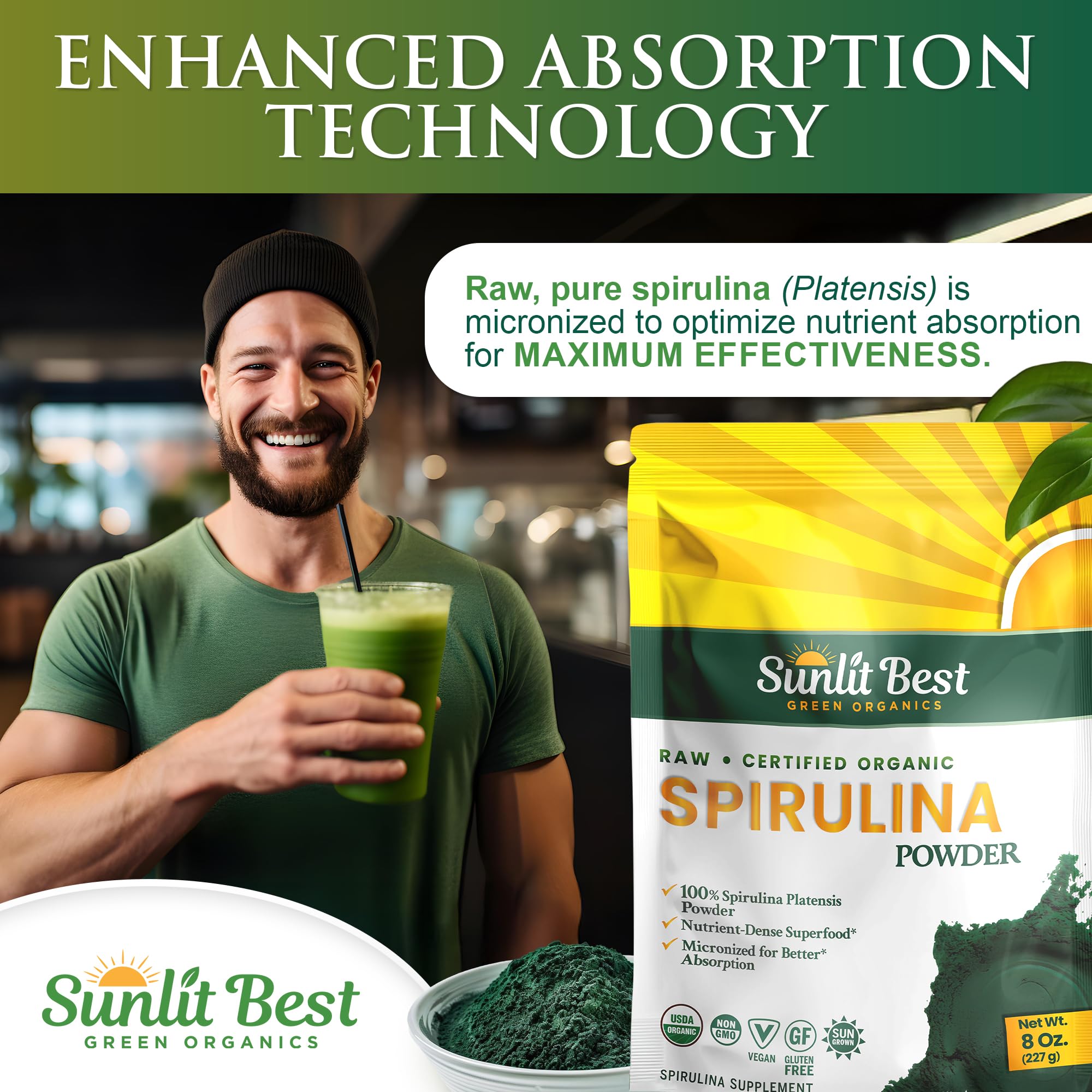 Scoop of Sunlit Best Spirulina Powder added to smoothie, bright green hue