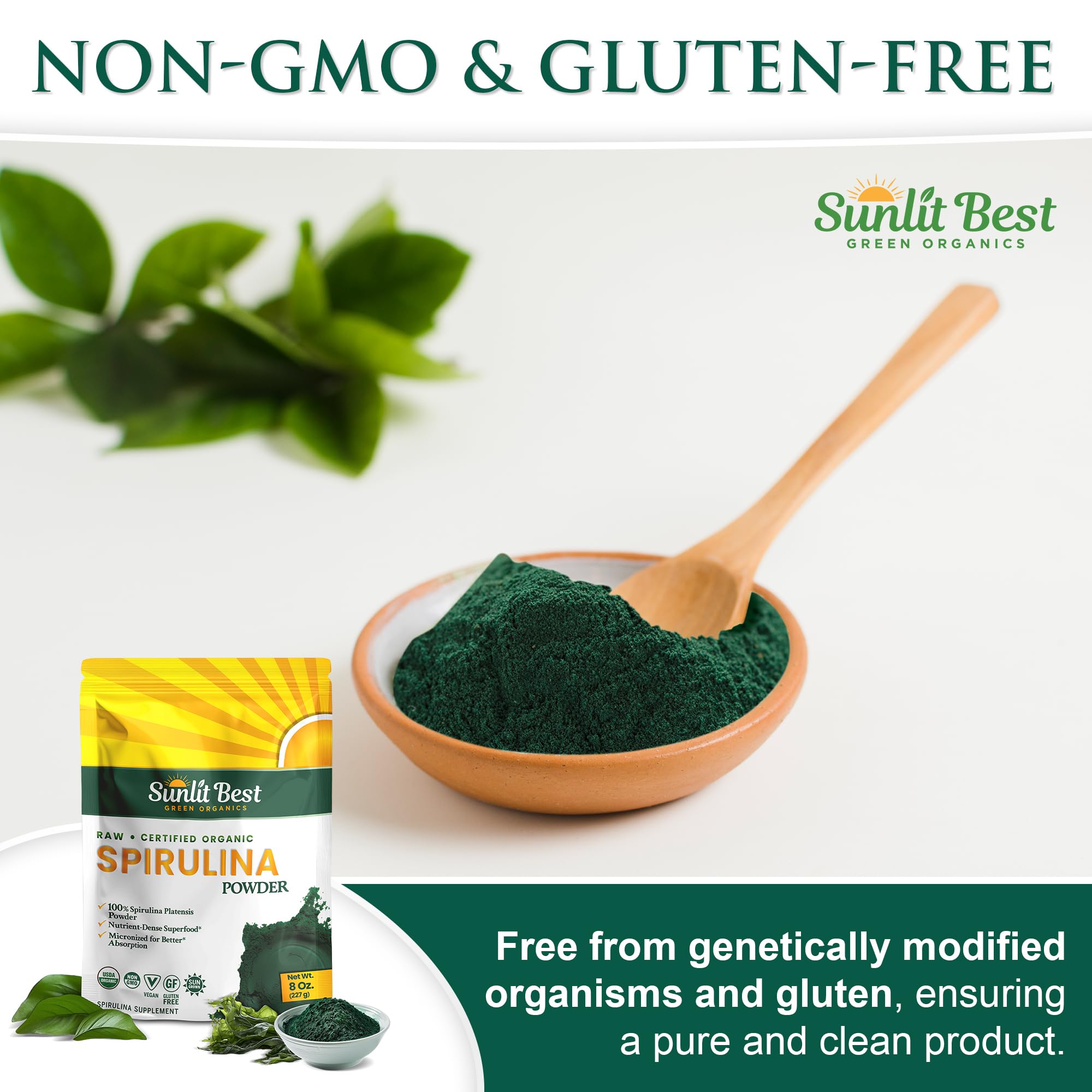 USDA Organic seal visible on Sunlit Best Spirulina Powder container