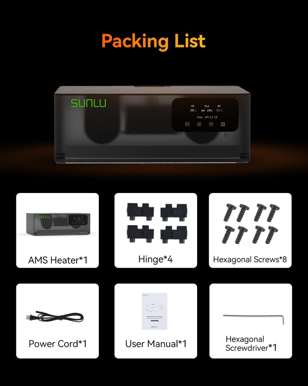 SUNLU AMS Heater drying cycle overview supports efficient filament workflow.