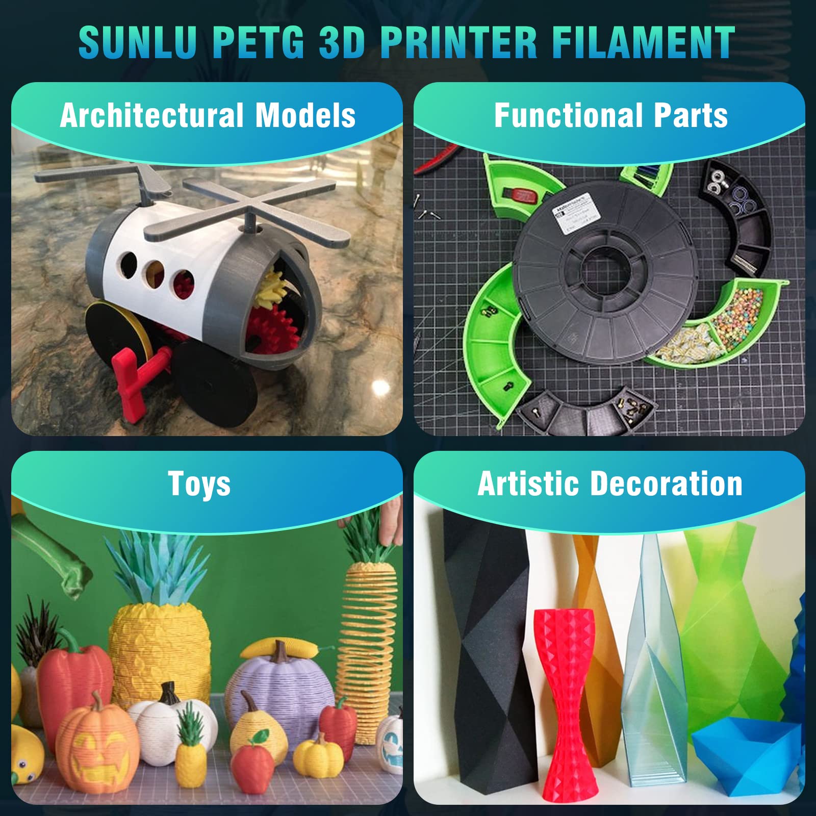 SUNLU PETG filament dried-vacuum-sealed: consistent extrusion and clog-free performance.