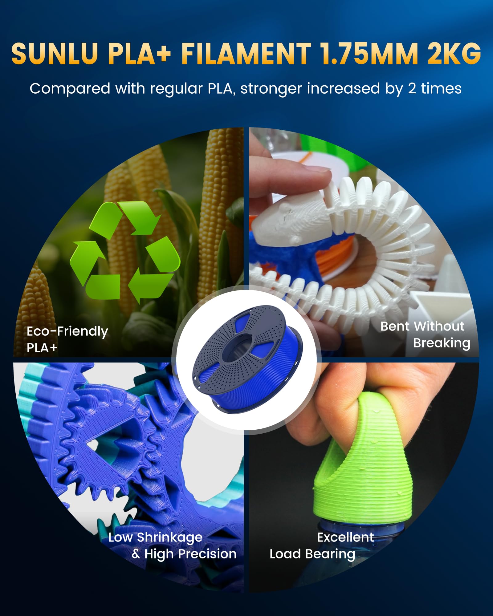 SUNLU PLA+2.0 neatly wound spool minimizes tangling for smooth prints.