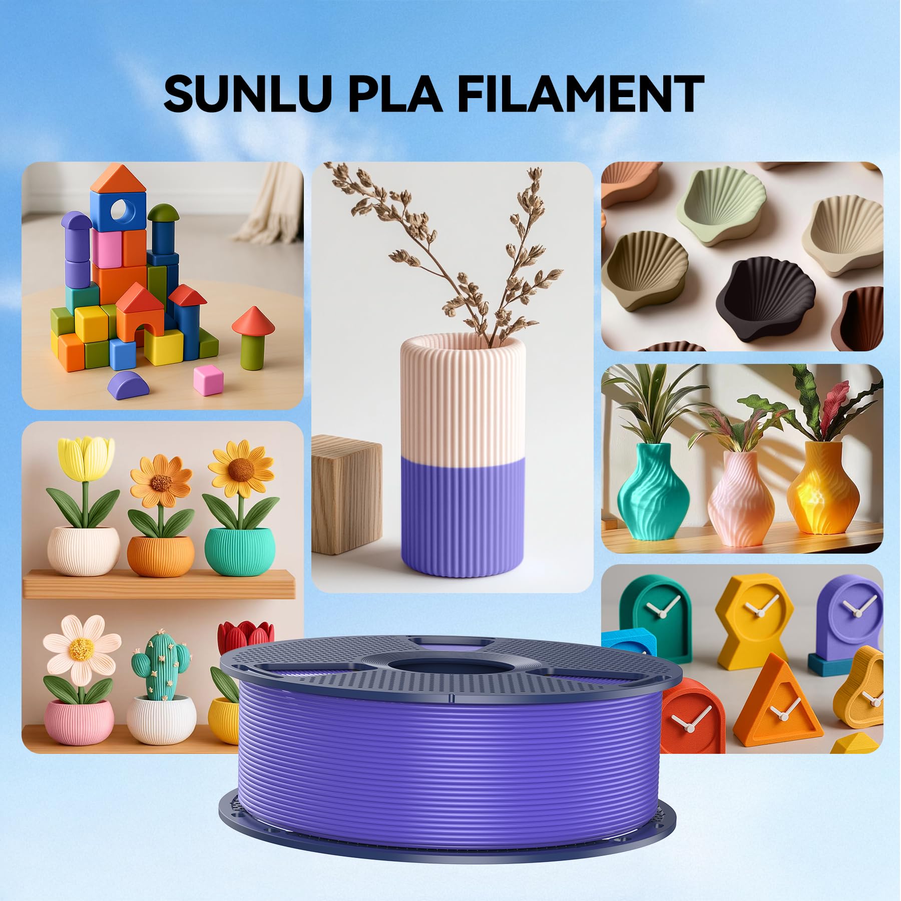 SUNLU product range image showcasing PLA filaments for FDM printers