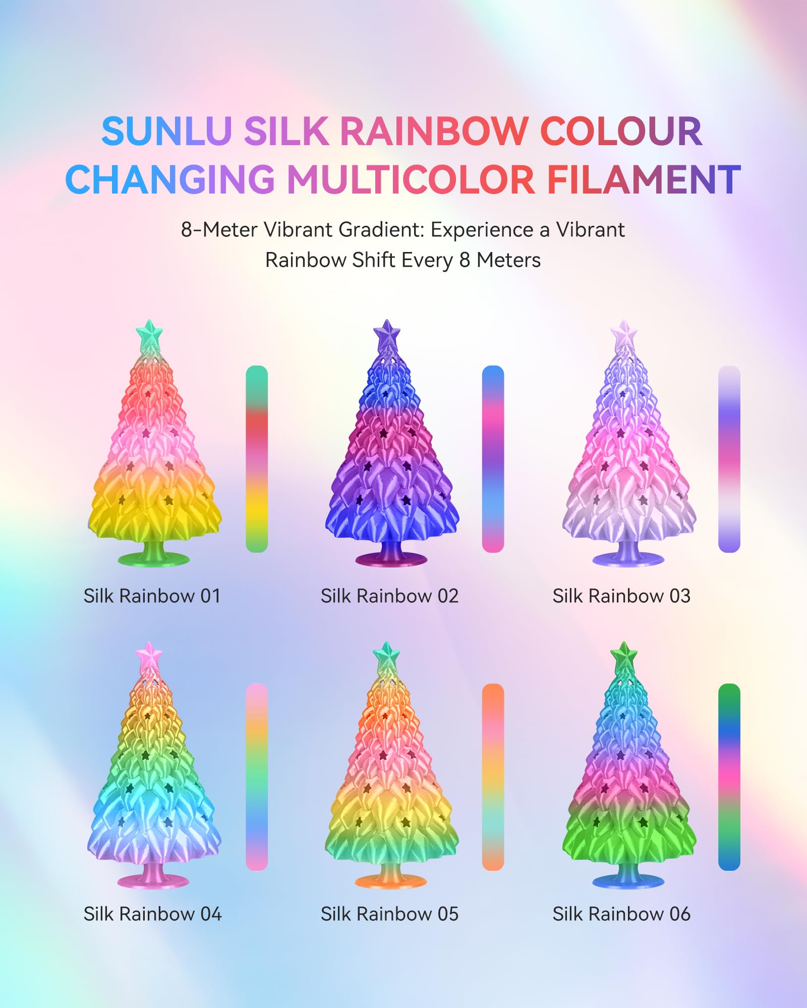 Close-up of SUNLU Silk Rainbow surface showing glossy reflections on decorative models.