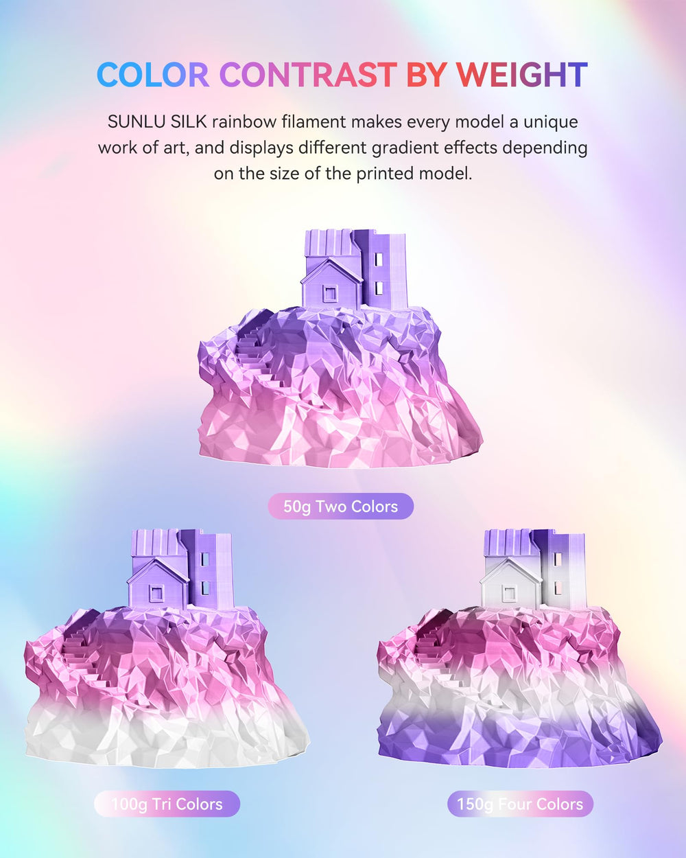 Shiny SUNLU Silk Rainbow finish enhances artful decorations and character models.