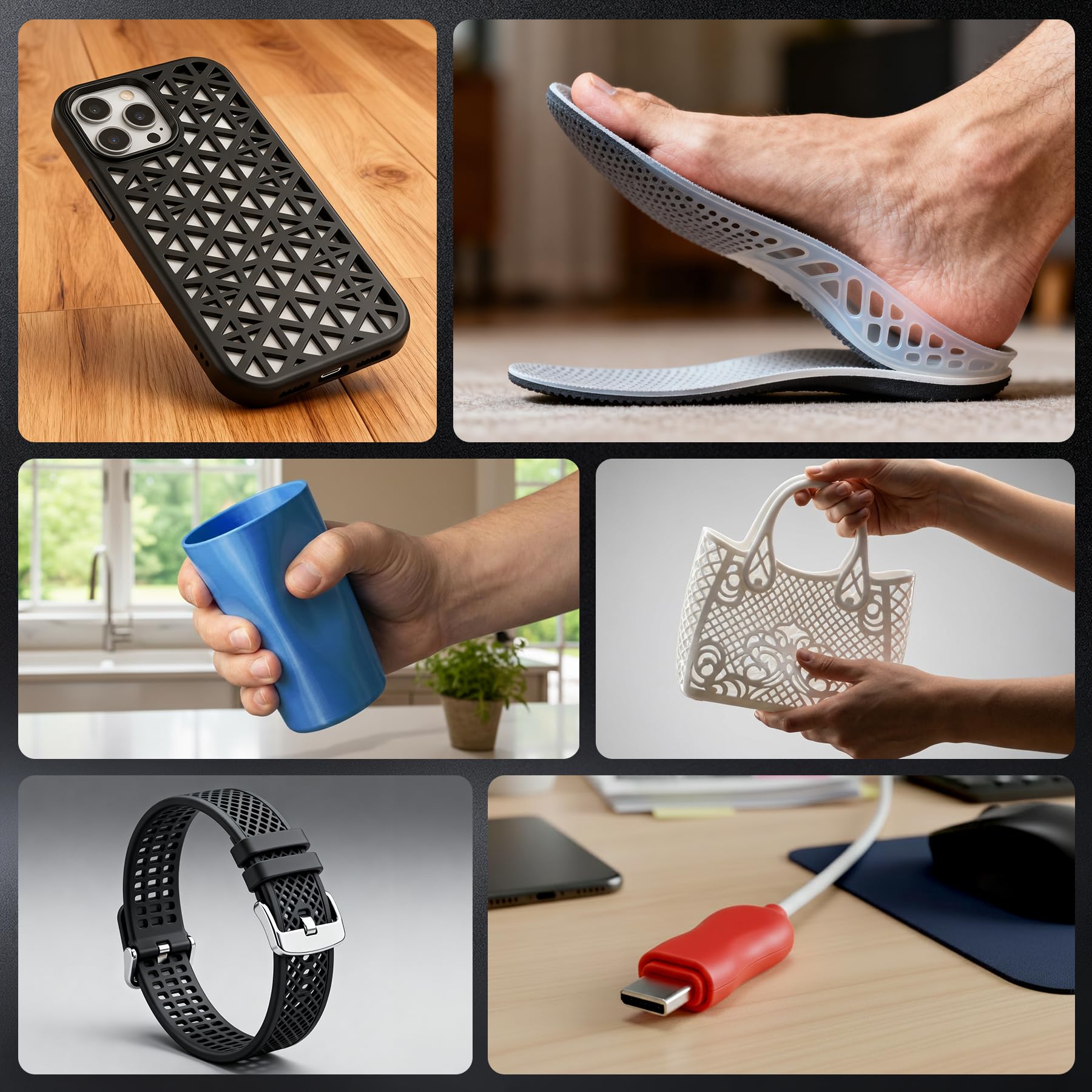 SUNLU TPU applications include phone cases, insoles, and drone parts.