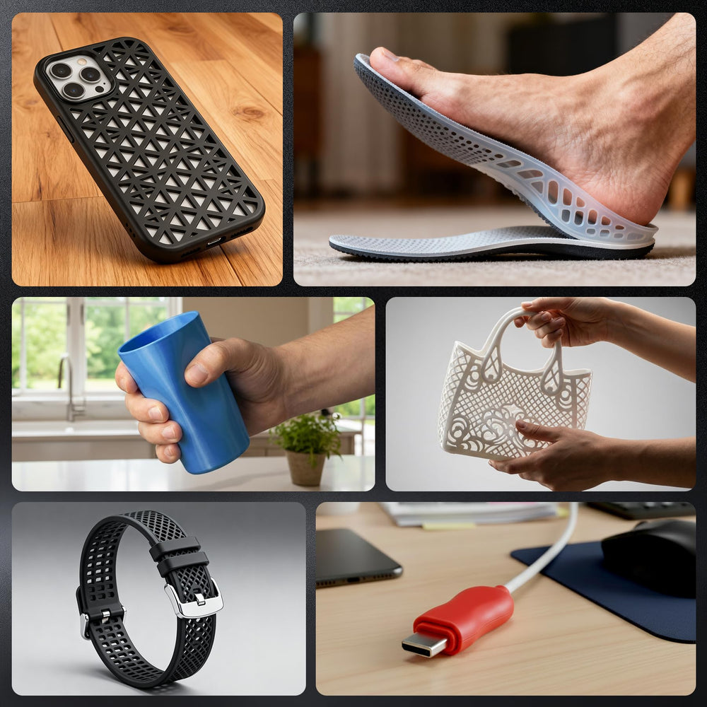 SUNLU TPU applications include phone cases, insoles, and drone parts.
