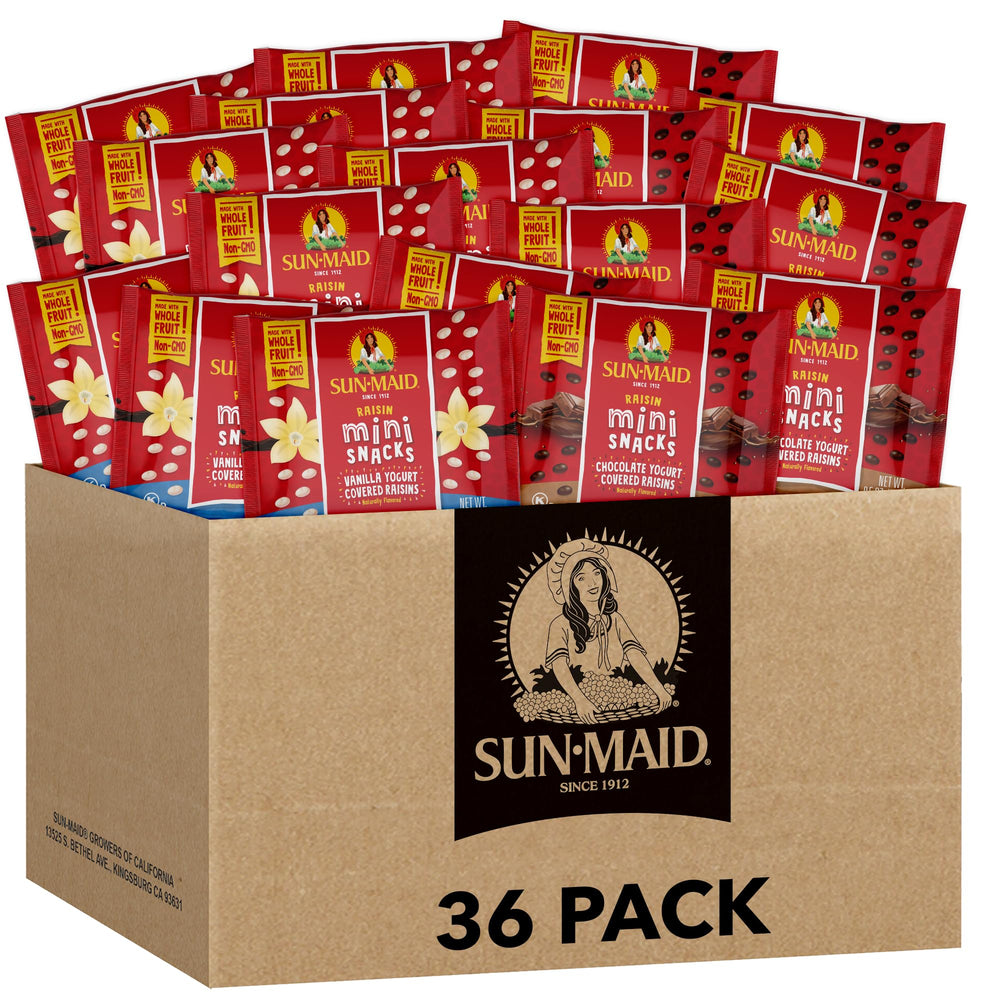Sun-Maid Chocolate Yogurt Covered Raisins pack front with a chocolatey bite