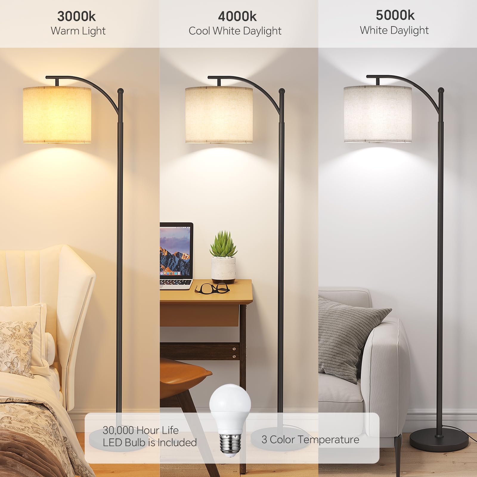 SUNMORY arc floor lamp showcasing the 9W LED bulb for bright task lighting.