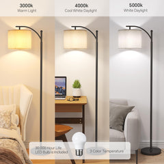 SUNMORY arc floor lamp showcasing the 9W LED bulb for bright task lighting.
