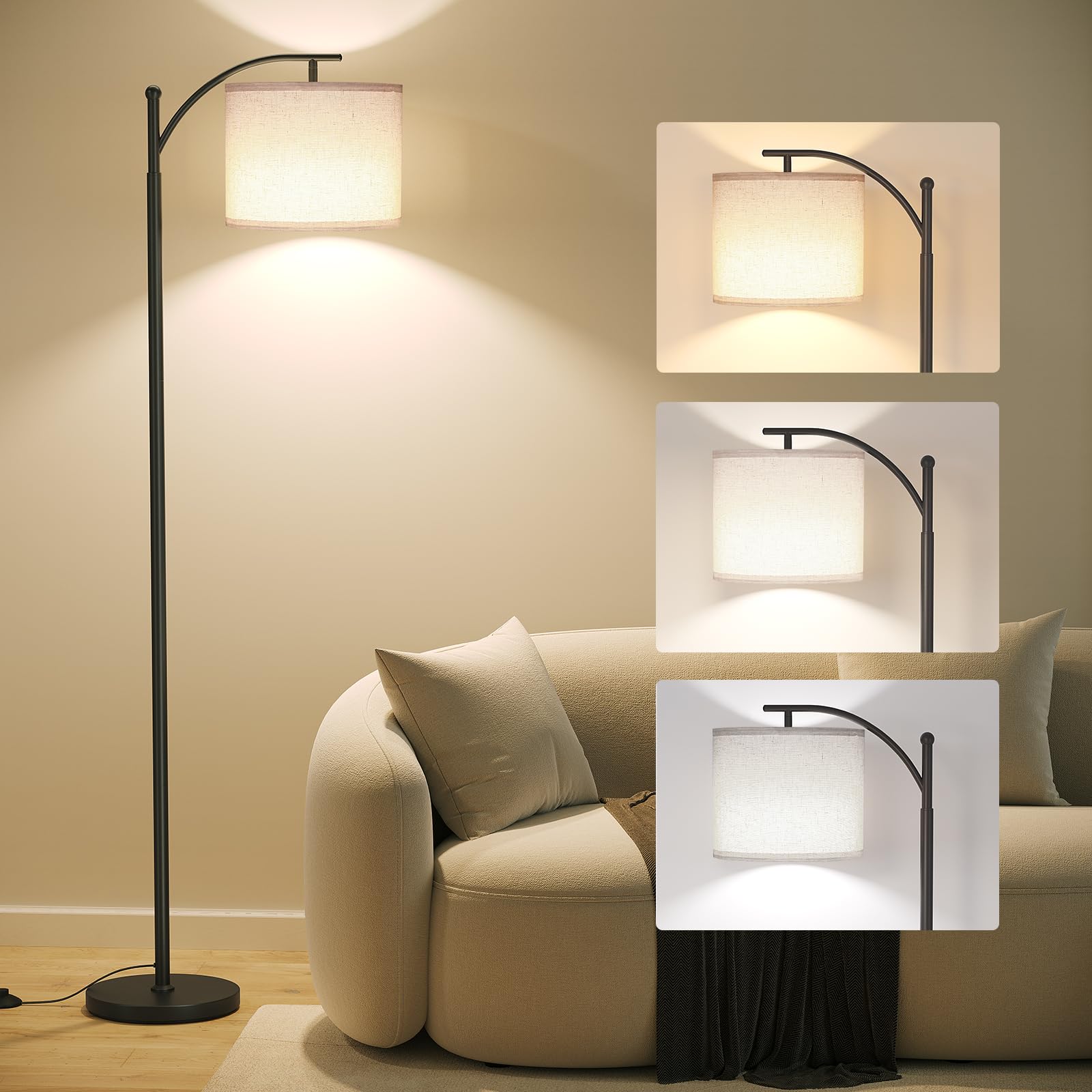 SUNMORY arc floor lamp with arched metal frame enhances living room lighting.
