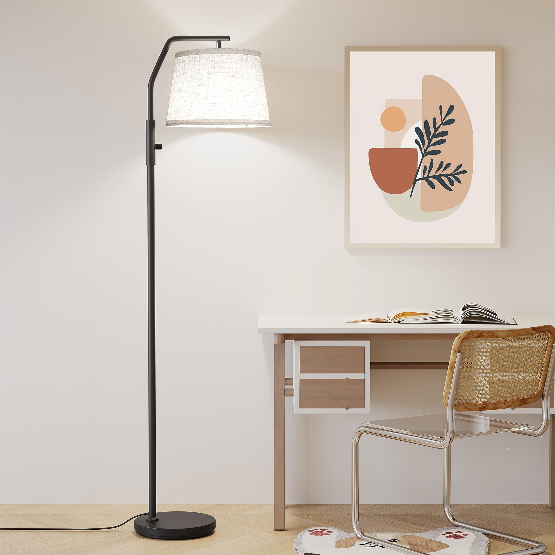 SUNMORY Arc Floor Lamp in a bedroom with tilt head for focused light.