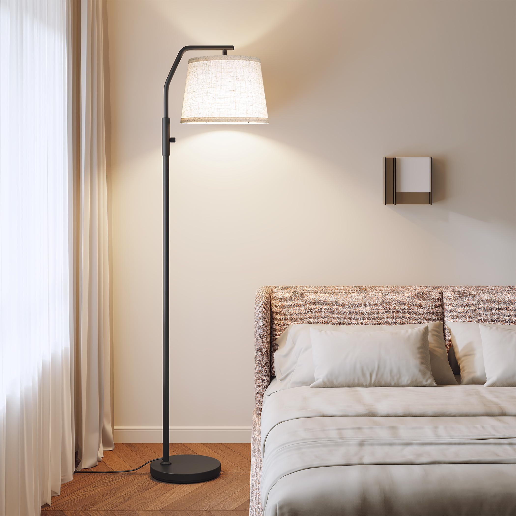 SUNMORY Arc Floor Lamp creating ambient light in a dining area.