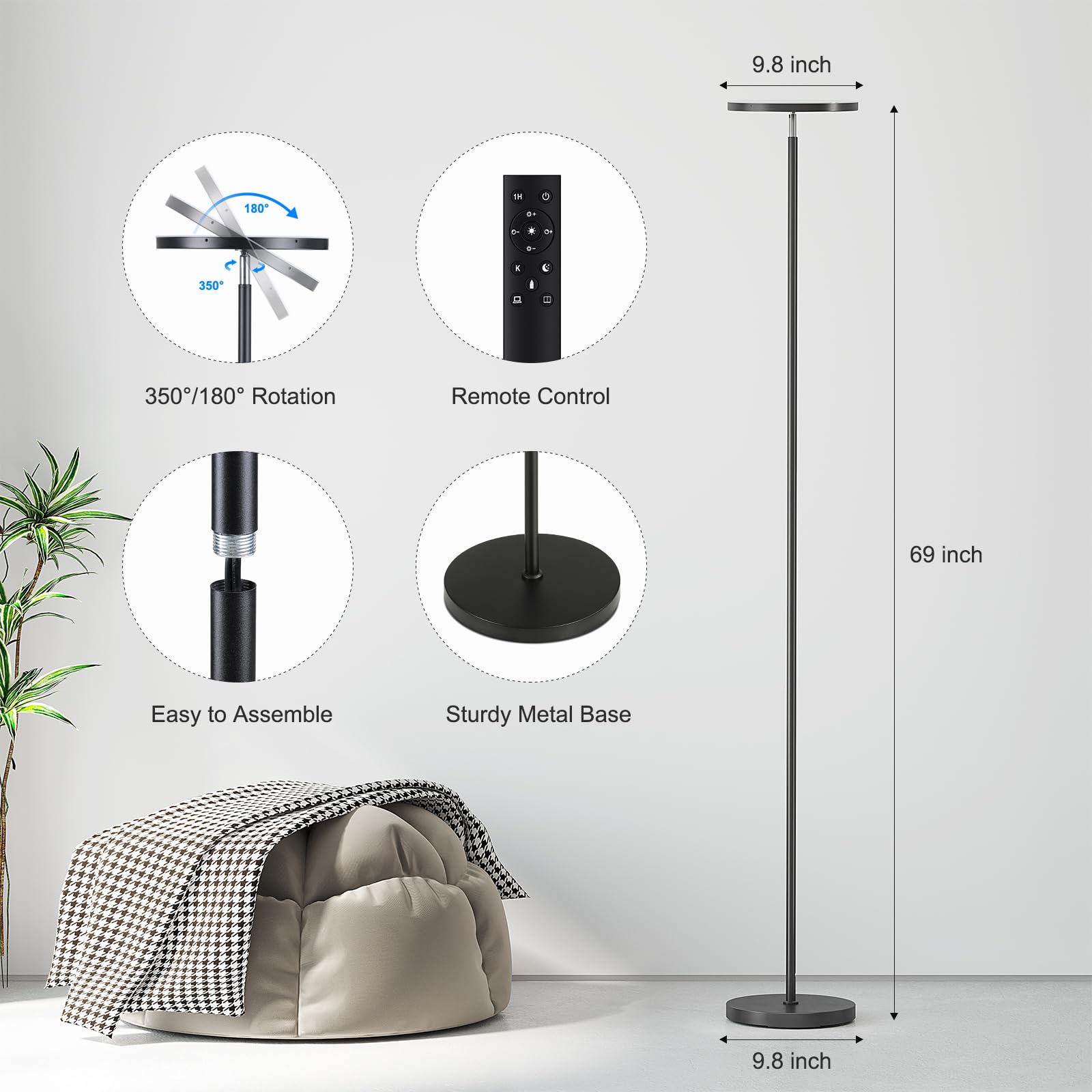 SUNMORY floor lamp 350-degree rotation demonstrates flexible light direction.