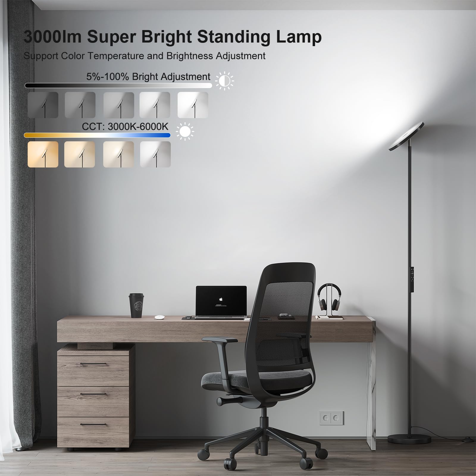 SUNMORY floor lamp remote control image shows managing brightness and color temperature.