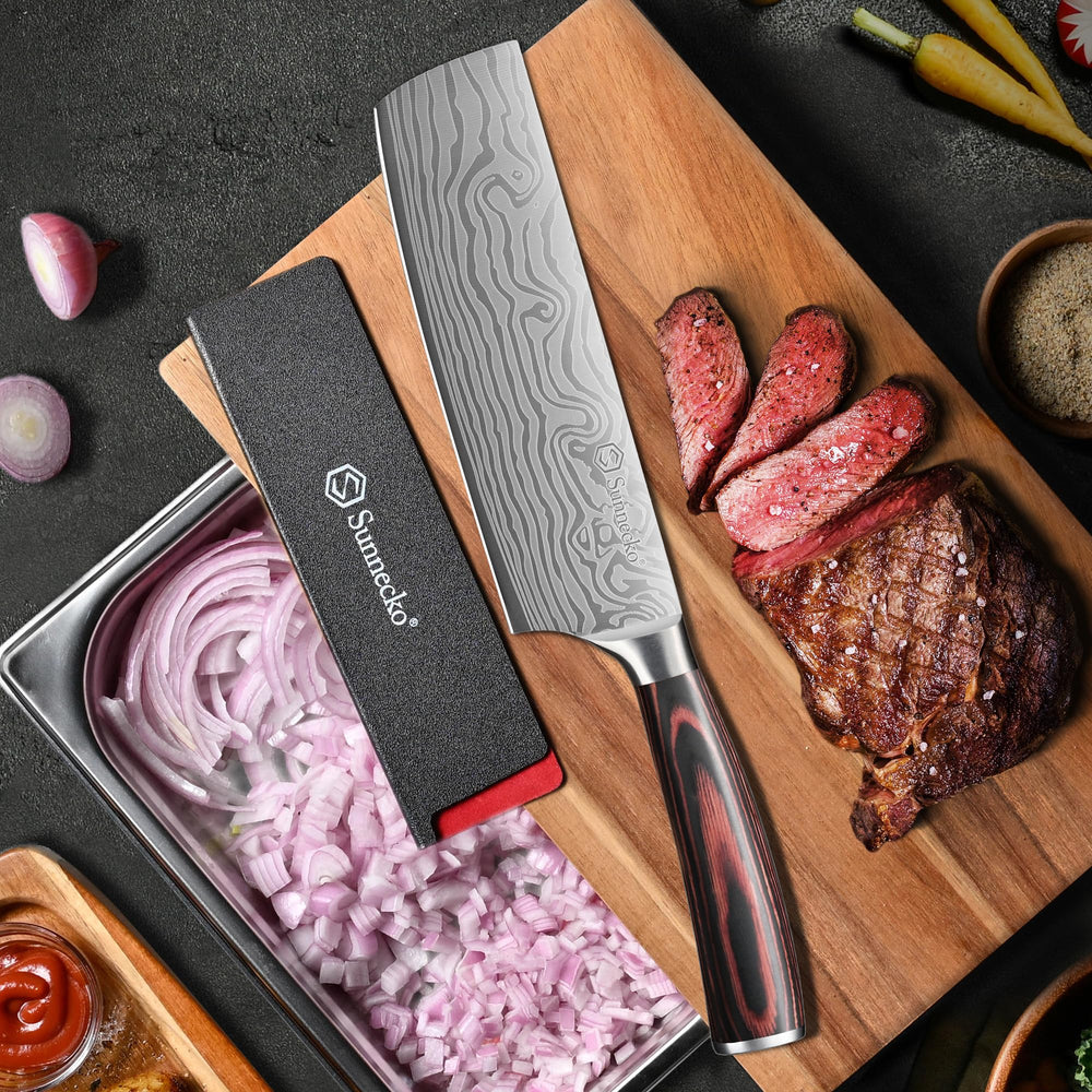 Sunnecko Nakiri blade with a wavy pattern reduces sticking during prep