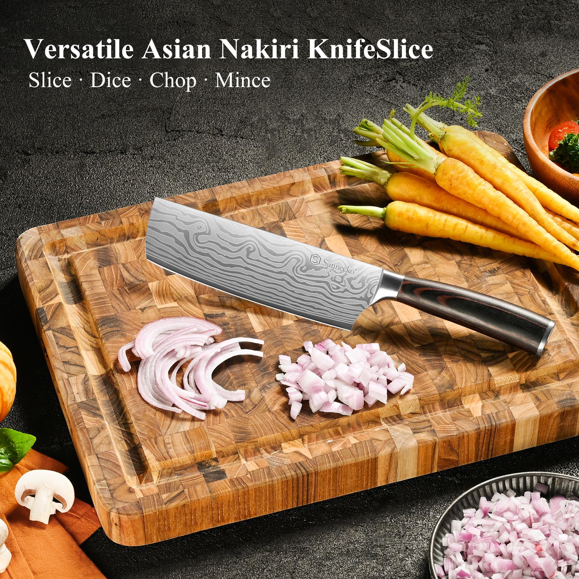 Sunnecko Nakiri razor-sharp edge enables smooth push cuts
