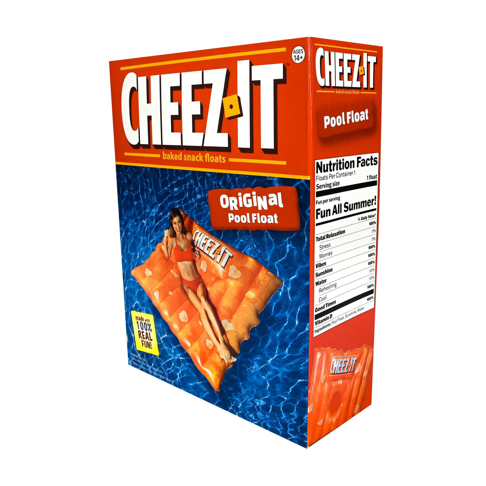 Sunny Days Giant Cheez-It Pool Float packaging and setup ready for immediate use.