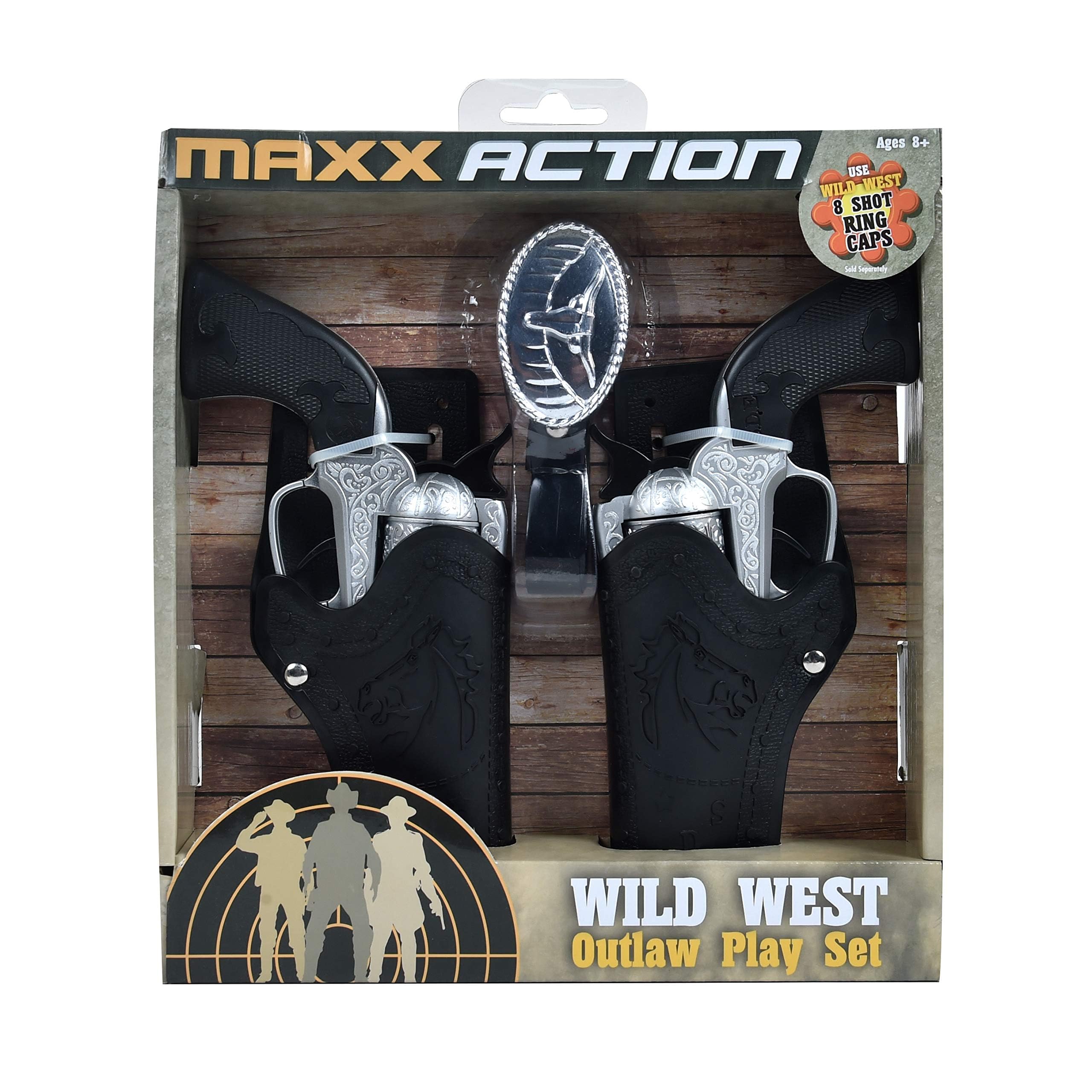 Sunny Days Maxx Action Wild West Outlaw Play Set holsters for hands-free carry during pretend adventures.