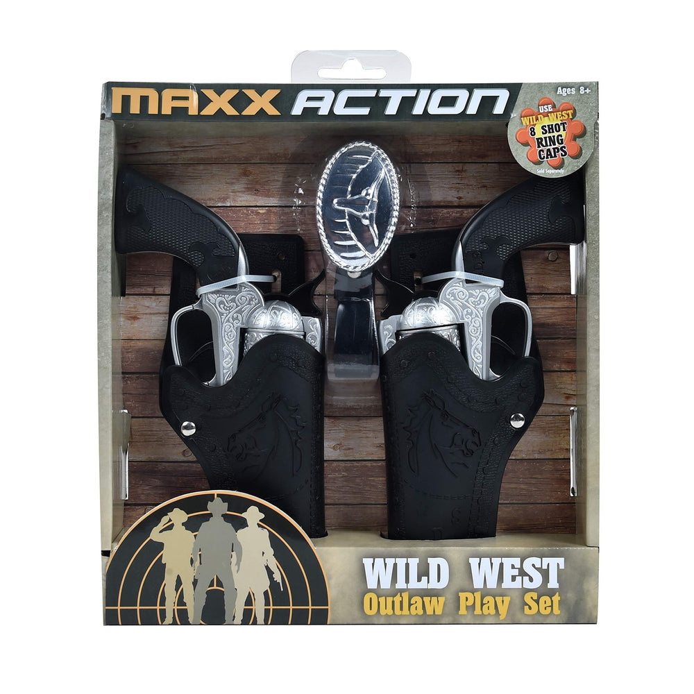 Sunny Days Maxx Action Wild West Outlaw Play Set holsters for hands-free carry during pretend adventures.