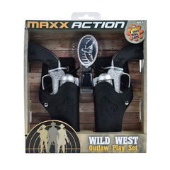 Sunny Days Maxx Action Wild West Outlaw Play Set holsters for hands-free carry during pretend adventures.