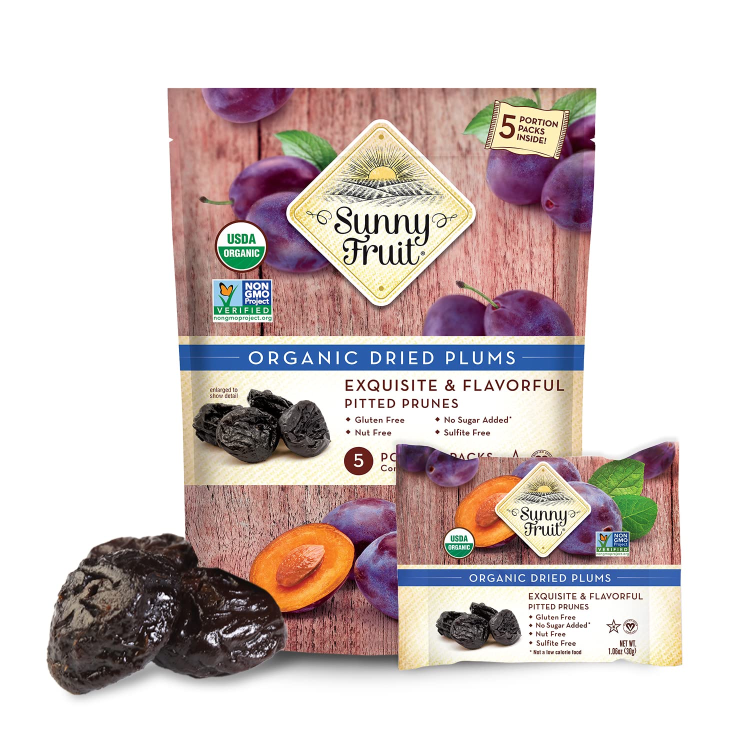 Sunny Fruit Prunes close-up of bag showing convenient single-portion packs for on-the-go snacking.