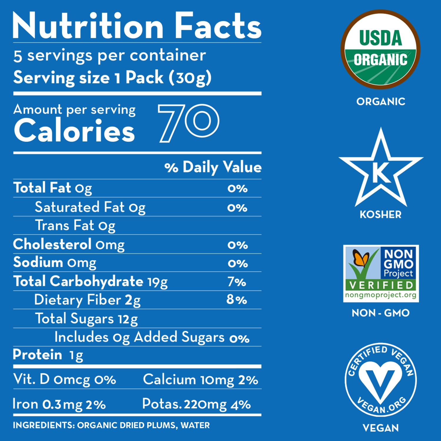 Sunny Fruit Prunes label highlighting organic origins and no added sugar benefits.