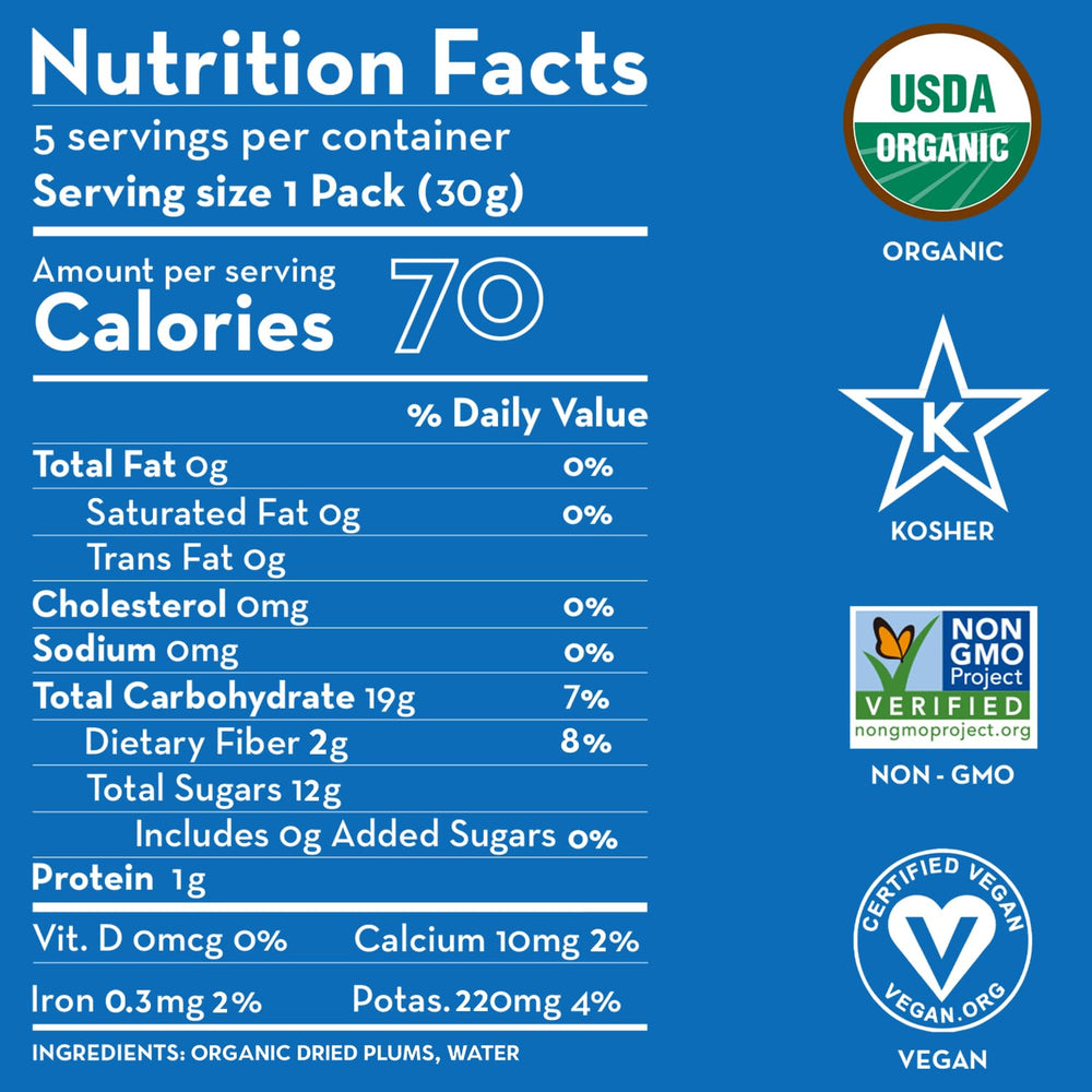 Sunny Fruit Prunes label highlighting organic origins and no added sugar benefits.
