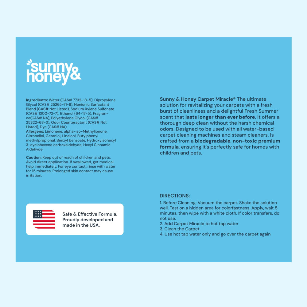 Sunny & Honey carpet cleaner solution application tools enable easy setup for effective cleaning.